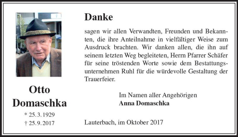  Traueranzeige für Otto Domaschka vom 28.10.2017 aus VRM Trauer