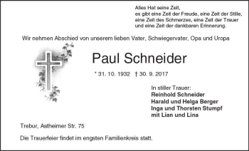 Traueranzeige von Paul Schneider von Trauerportal Echo Online