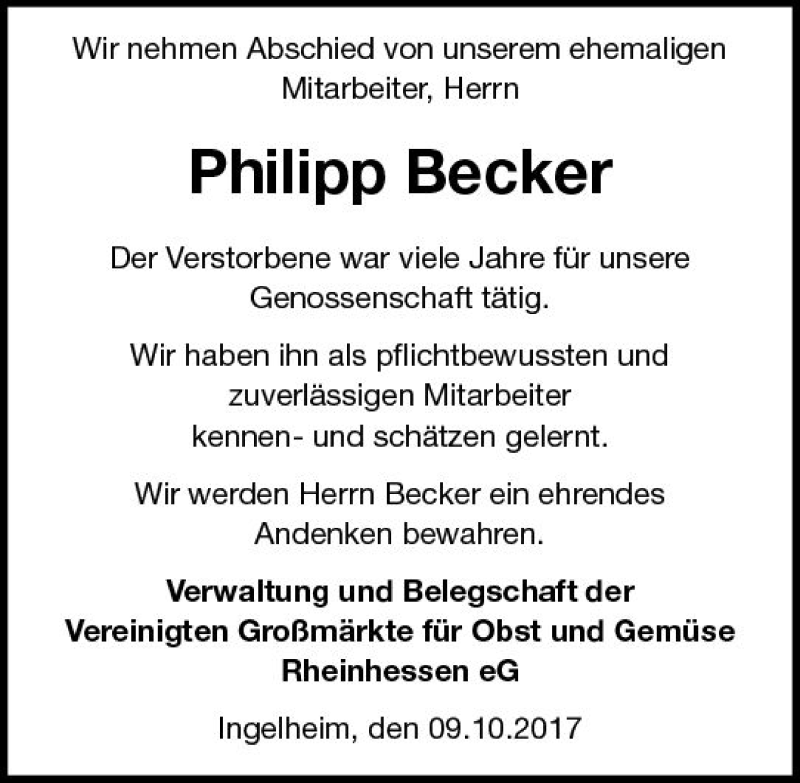  Traueranzeige für Philipp Becker vom 10.10.2017 aus Trauerportal Rhein Main Presse