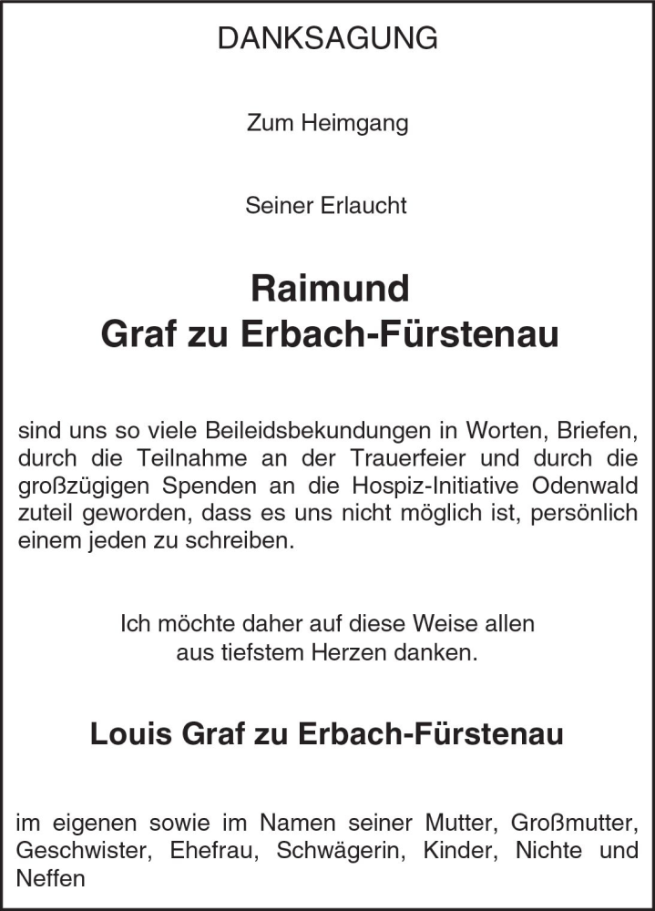  Traueranzeige für Raimund Graf zu Erbach-Fürstenau vom 14.10.2017 aus Trauerportal Echo Online