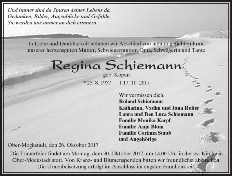  Traueranzeige für Regina Schiemann vom 26.10.2017 aus  Kreisanzeiger