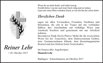 Traueranzeige von Reiner Lehr von  Kreisanzeiger