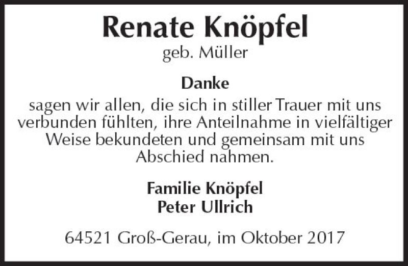  Traueranzeige für Renate Knöpfe vom 14.10.2017 aus Trauerportal Echo Online