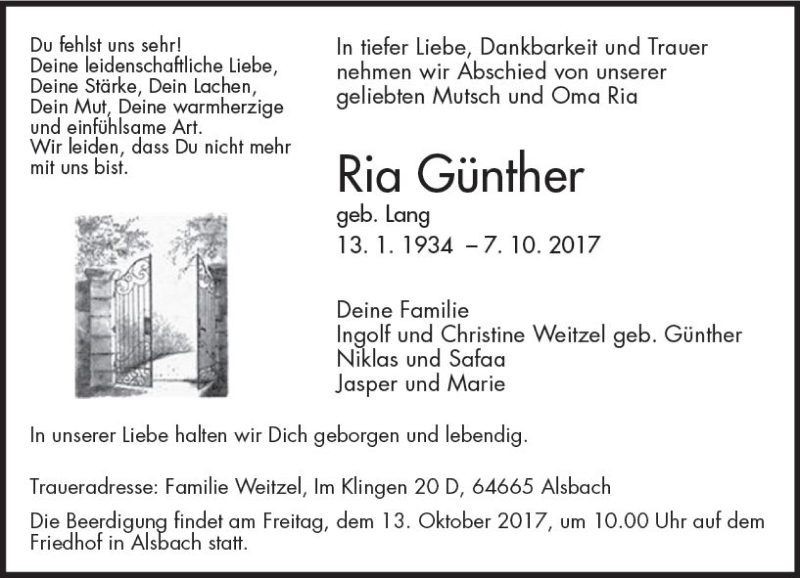 Traueranzeige für Ria Günther vom 11.10.2017 aus Trauerportal Echo Online