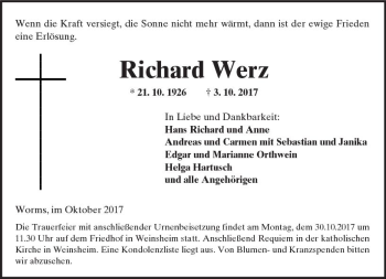 Traueranzeige von Richard Werz von Trauerportal Rhein Main Presse