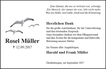 Traueranzeige von Rosel Müller von Trauerportal Rhein Main Presse