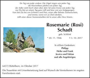 Traueranzeige von Rosemarie Schadt von Trauerportal Echo Online