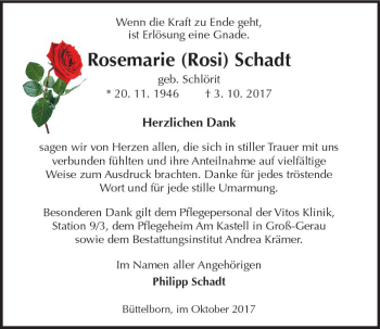 Traueranzeige von Rosemarie Rosi Schadt von Trauerportal Echo Online