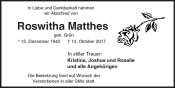 Traueranzeige von Roswitha Matthes von Trauerportal Echo Online