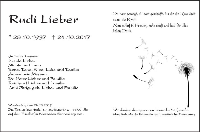  Traueranzeige für Rudi Lieber vom 28.10.2017 aus Trauerportal Rhein Main Presse