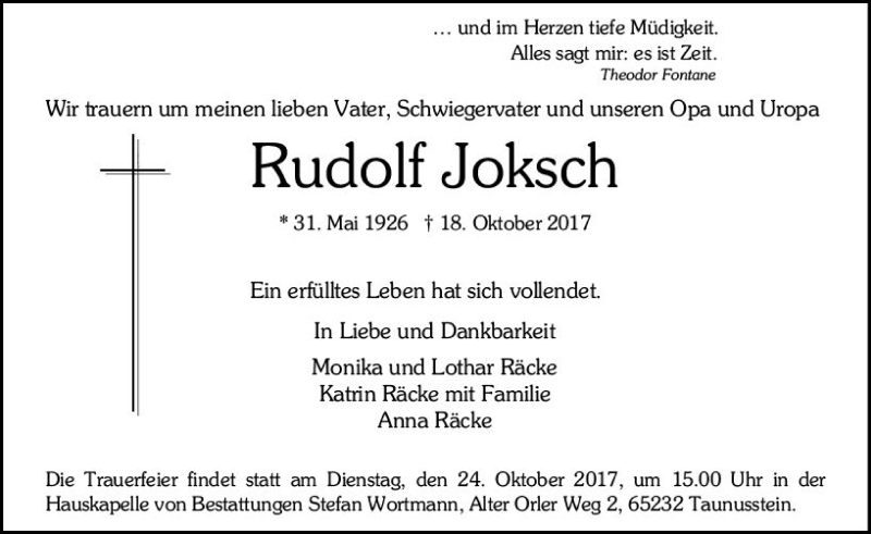  Traueranzeige für Rudolf Joksch vom 23.10.2017 aus Trauerportal Rhein Main Presse