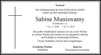 Traueranzeige von Sabine Muniswamy von VRM Trauer
