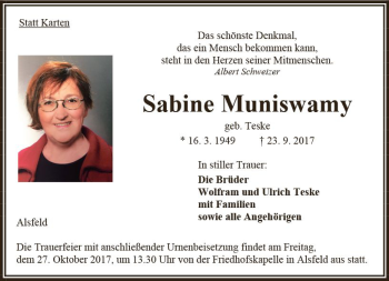 Traueranzeige von Sabine Muniswamy von VRM Trauer