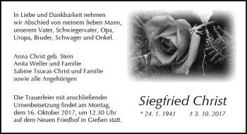 Traueranzeige von Siegfried Christ von  Gießener Anzeiger