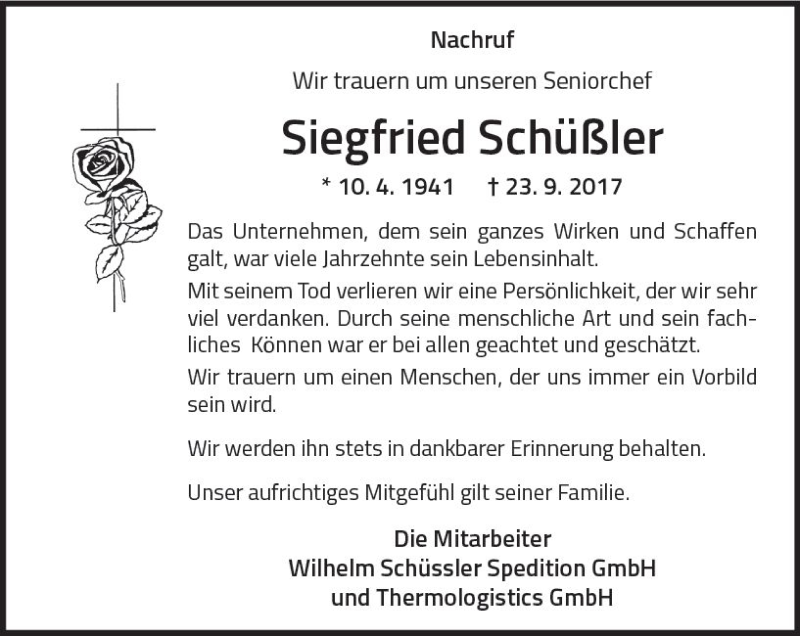  Traueranzeige für Siegfried Schüßler vom 28.10.2017 aus Trauerportal Echo Online