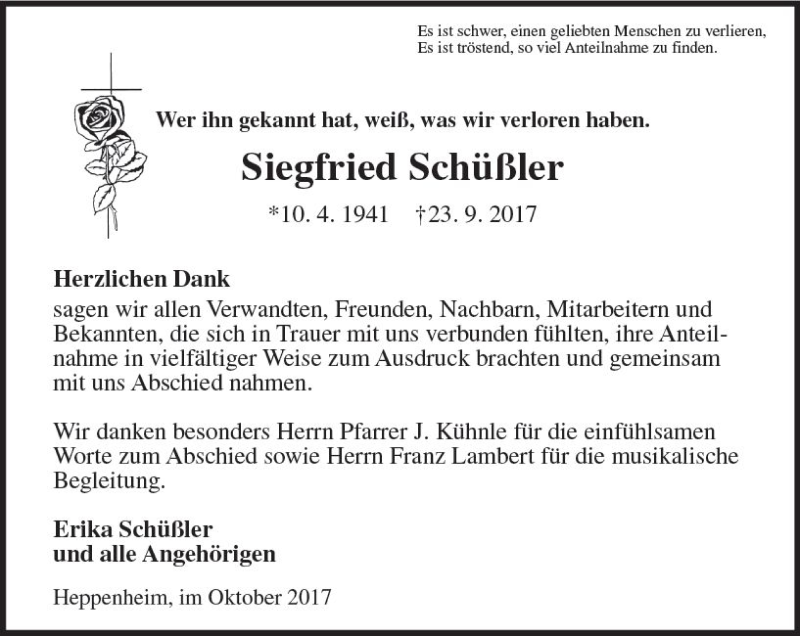  Traueranzeige für Siegfried Schüßler vom 28.10.2017 aus Trauerportal Echo Online