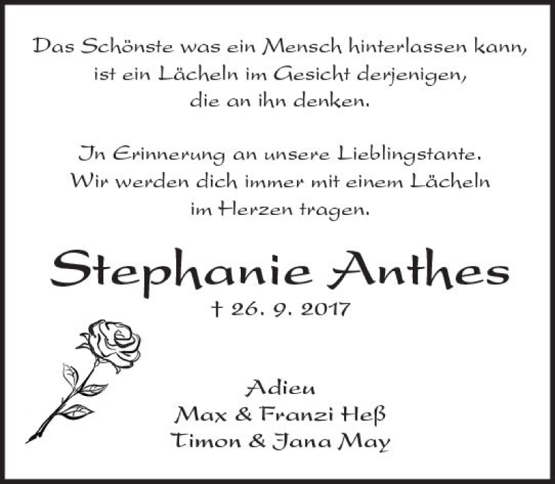  Traueranzeige für Stephanie Anthes vom 10.10.2017 aus Trauerportal Rhein Main Presse