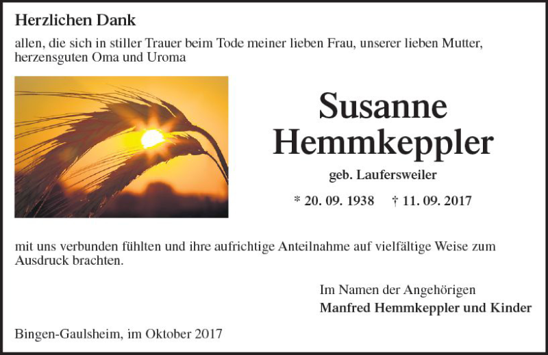  Traueranzeige für Susanne Hemmkeppler vom 14.10.2017 aus Trauerportal Rhein Main Presse
