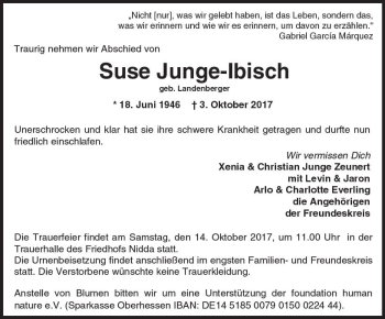 Traueranzeige von Suse Junge-Ibisch von  Kreisanzeiger