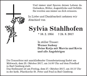 Traueranzeige von Sylvia Stahlhofen von  Camberger Anzeiger