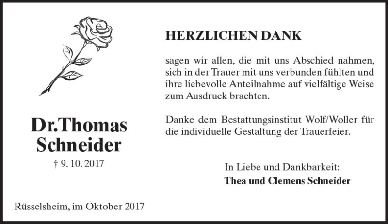  Traueranzeige für Thomas Schneider vom 21.10.2017 aus Trauerportal Rhein Main Presse
