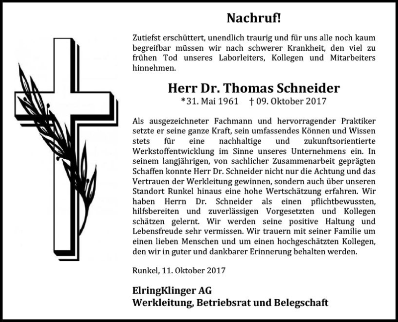  Traueranzeige für Thomas Schneider vom 14.10.2017 aus Trauerportal Rhein Main Presse