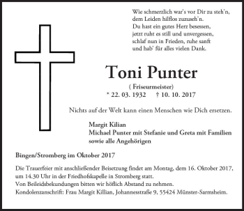 Traueranzeige von Toni Punter von Trauerportal Rhein Main Presse