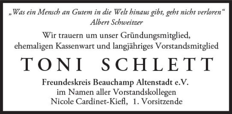  Traueranzeige für Toni Schlett vom 17.10.2017 aus  Kreisanzeiger