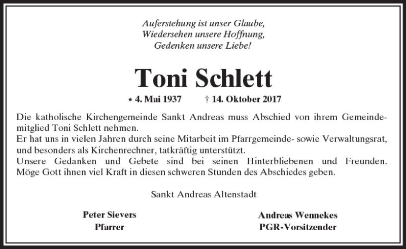  Traueranzeige für Toni Schlett vom 21.10.2017 aus  Kreisanzeiger