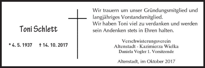 Traueranzeige für Toni Schlett vom 20.10.2017 aus  Kreisanzeiger