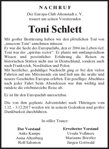 Traueranzeige von Toni Schlett von  Kreisanzeiger