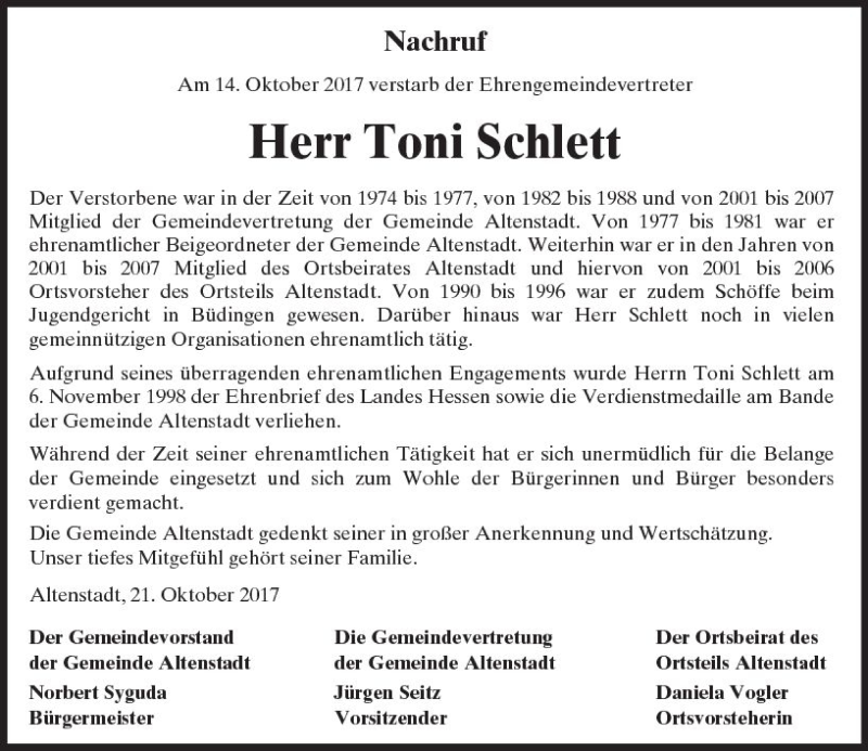  Traueranzeige für Toni Schlett vom 21.10.2017 aus  Kreisanzeiger