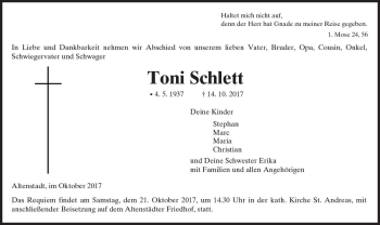 Traueranzeige von Toni Schlett von  Kreisanzeiger