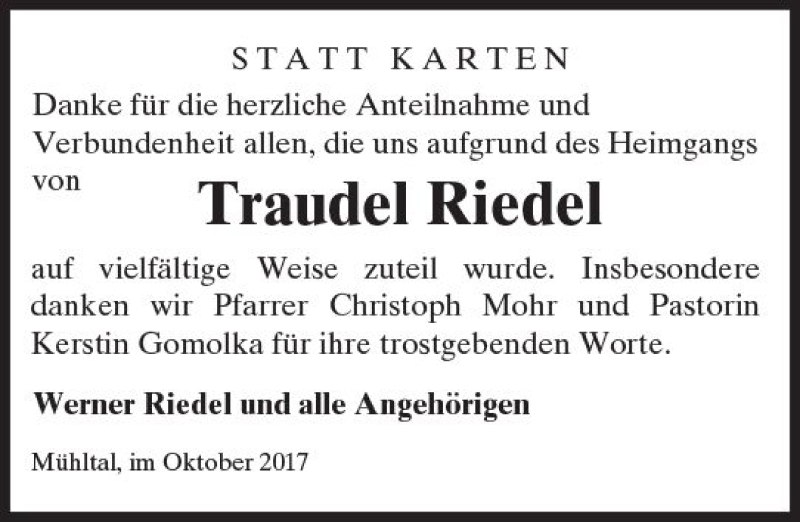  Traueranzeige für Traudel Riedel vom 14.10.2017 aus Trauerportal Rhein Main Presse