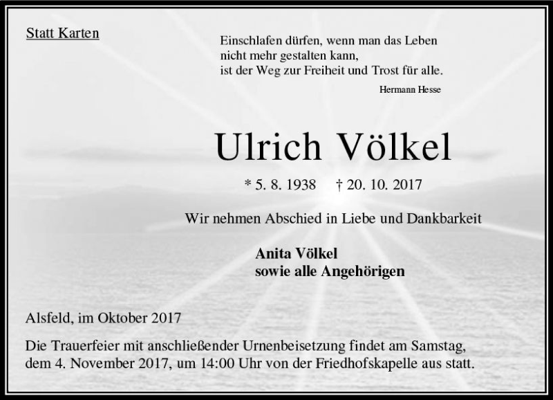  Traueranzeige für Ulrich Völkel vom 30.10.2017 aus VRM Trauer