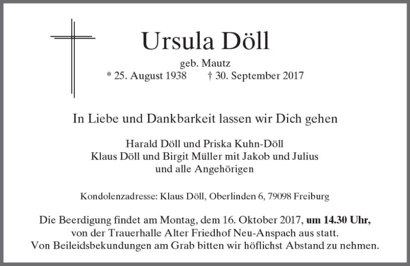  Traueranzeige für Ursula Döll vom 11.10.2017 aus  Usinger Anzeiger