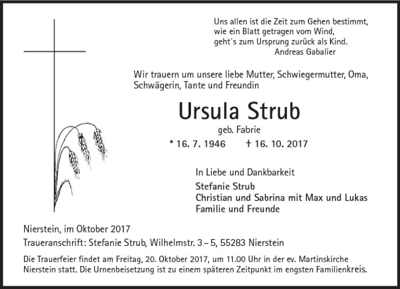  Traueranzeige für Ursula Strub vom 19.10.2017 aus Trauerportal Rhein Main Presse