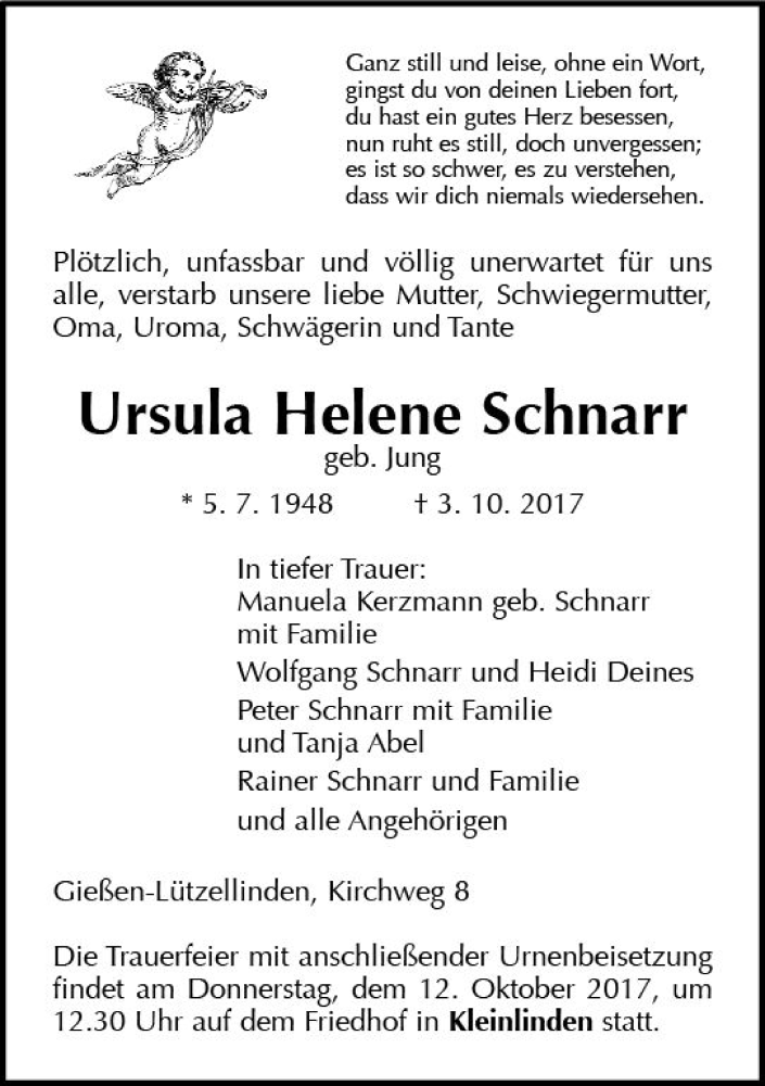  Traueranzeige für Ursula Helene Schnarr vom 07.10.2017 aus  Gießener Anzeiger