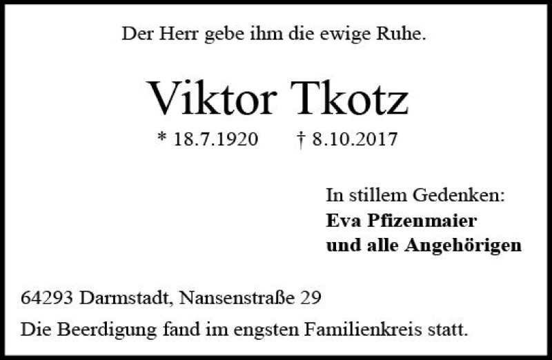  Traueranzeige für Viktor Tkotz vom 21.10.2017 aus Trauerportal Echo Online