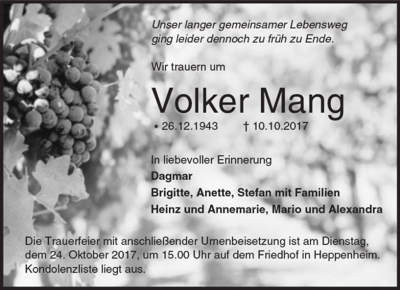  Traueranzeige für Volker Mang vom 20.10.2017 aus Trauerportal Echo Online