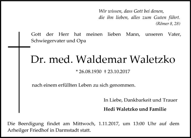  Traueranzeige für Waldemar Waletzko vom 28.10.2017 aus Trauerportal Echo Online