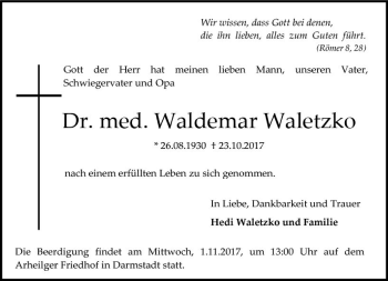 Traueranzeige von Waldemar Waletzko von Trauerportal Echo Online