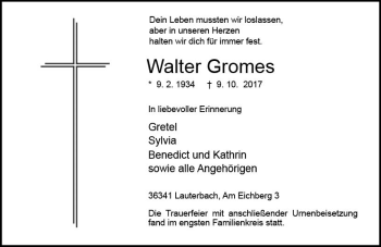 Traueranzeige von Walter Gromes von VRM Trauer