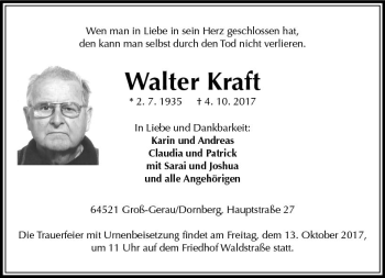 Traueranzeige von Walter Kraft von Trauerportal Echo Online