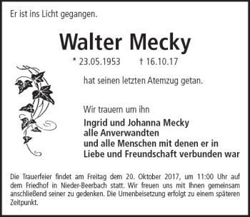 Traueranzeige von Walter Mecky von Trauerportal Echo Online
