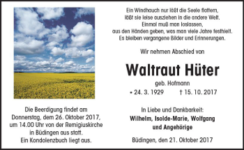 Traueranzeige von Waltraut Hüter von  Kreisanzeiger