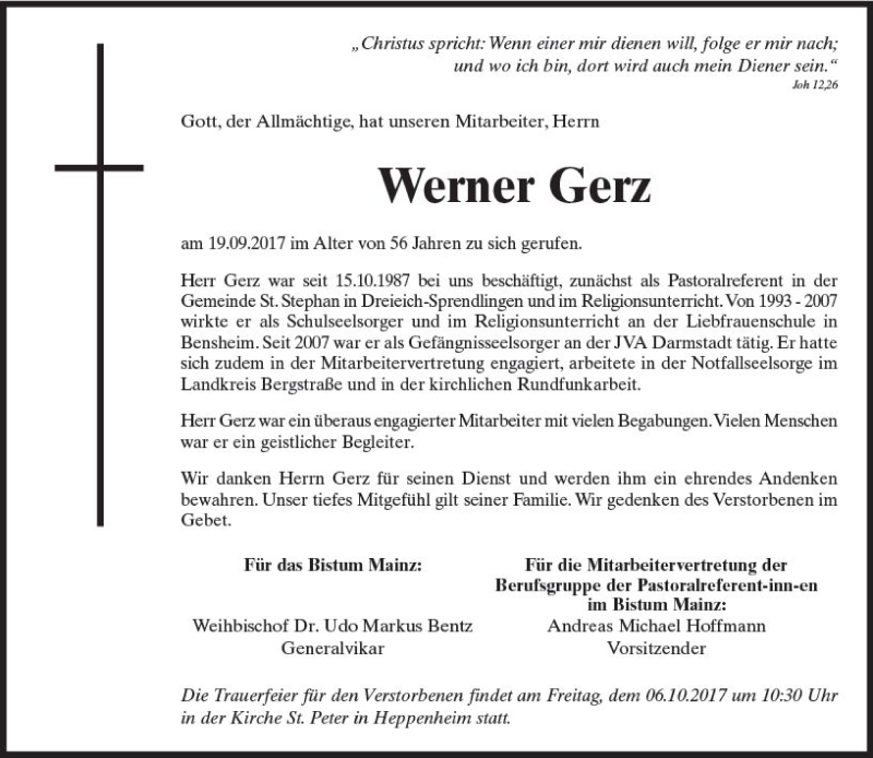  Traueranzeige für Werner Gerz vom 05.10.2017 aus Trauerportal Echo Online