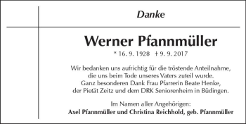 Traueranzeige von Werner Pfannmüller von  Kreisanzeiger