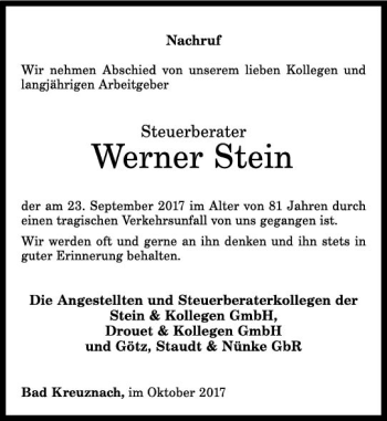 Traueranzeige von Werner Stein von Trauerportal Rhein Main Presse
