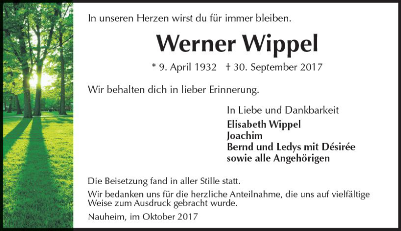  Traueranzeige für Werner Wippel vom 28.10.2017 aus Trauerportal Rhein Main Presse